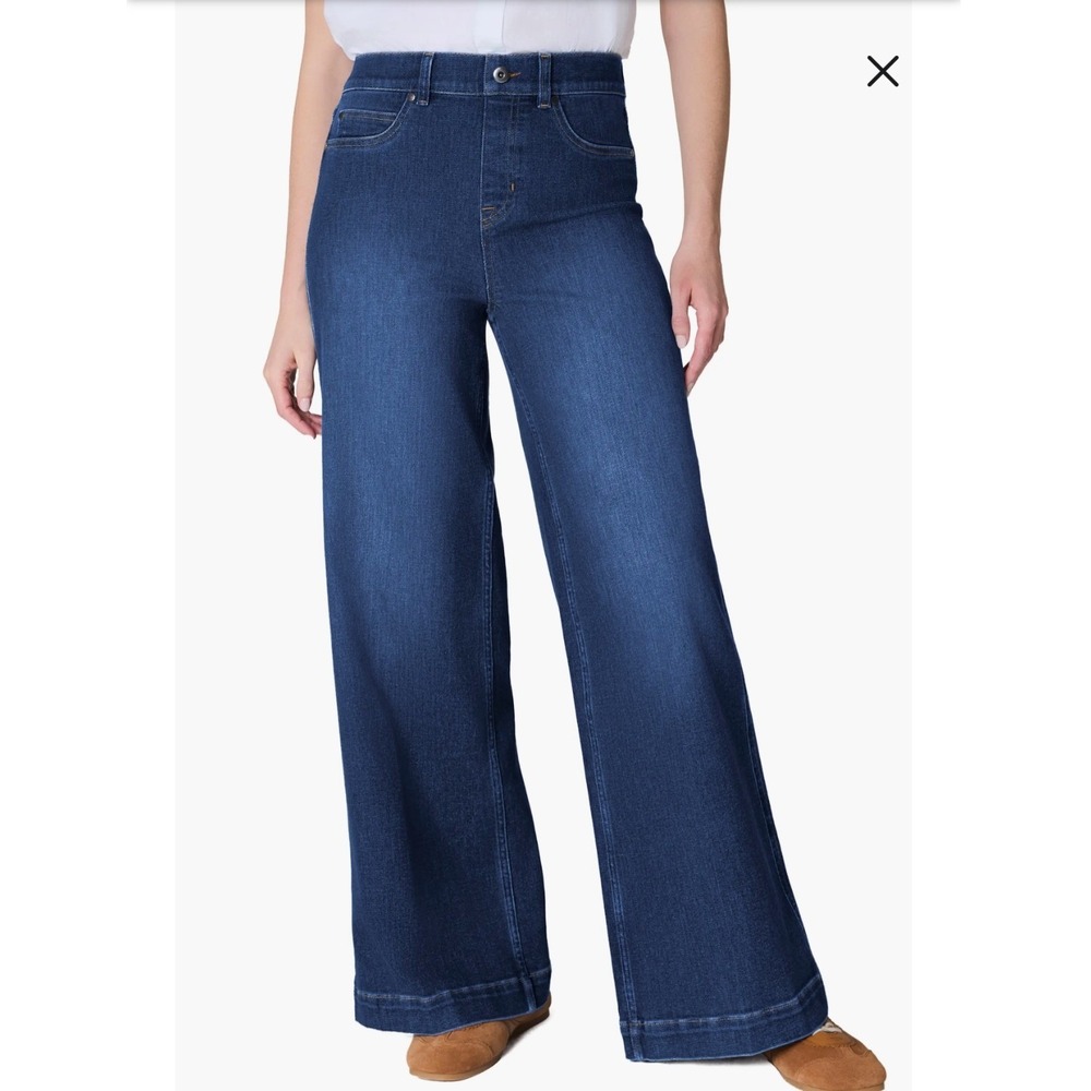 Spanx EveryWear Wide Leg Jeans Womens Large Raw Indigo  Pull-On High Rise